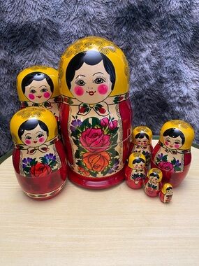 Hand-Painted Russian Matryoshka Doll in Red, Yellow, Pink. Set of 8 dolls